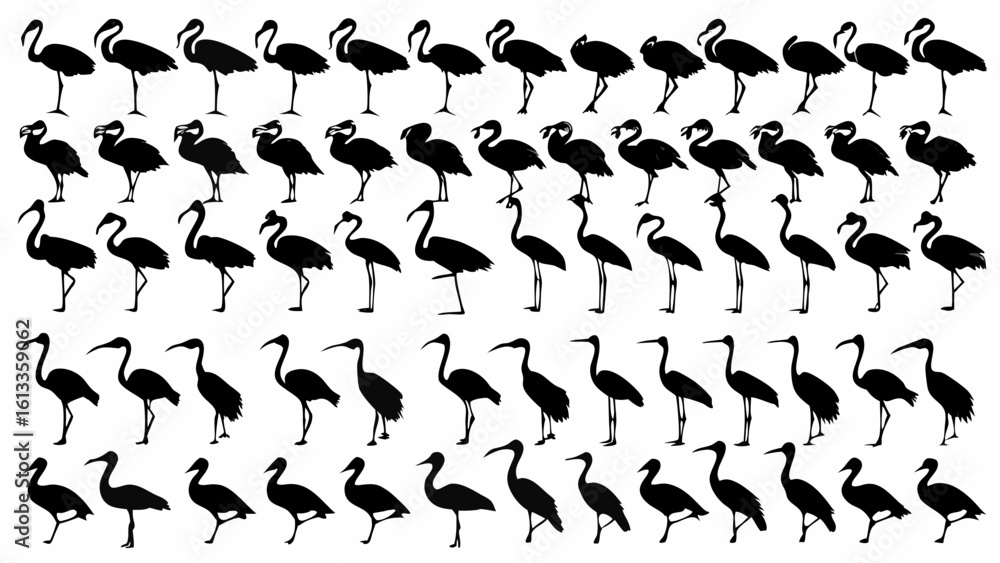 Poster silhouette illustration of many birds standing in rows on a white background in a vector format