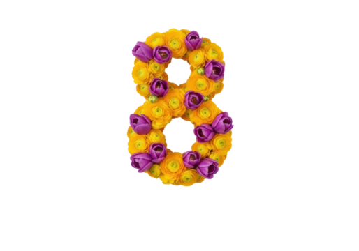 A visually striking number '8' of yellow ranunculus and purple tulips, with 'MARCH' and 'HAPPY WOMEN'S DAY' text, isolated on a transparent background, direct front view, subtle motion blur,