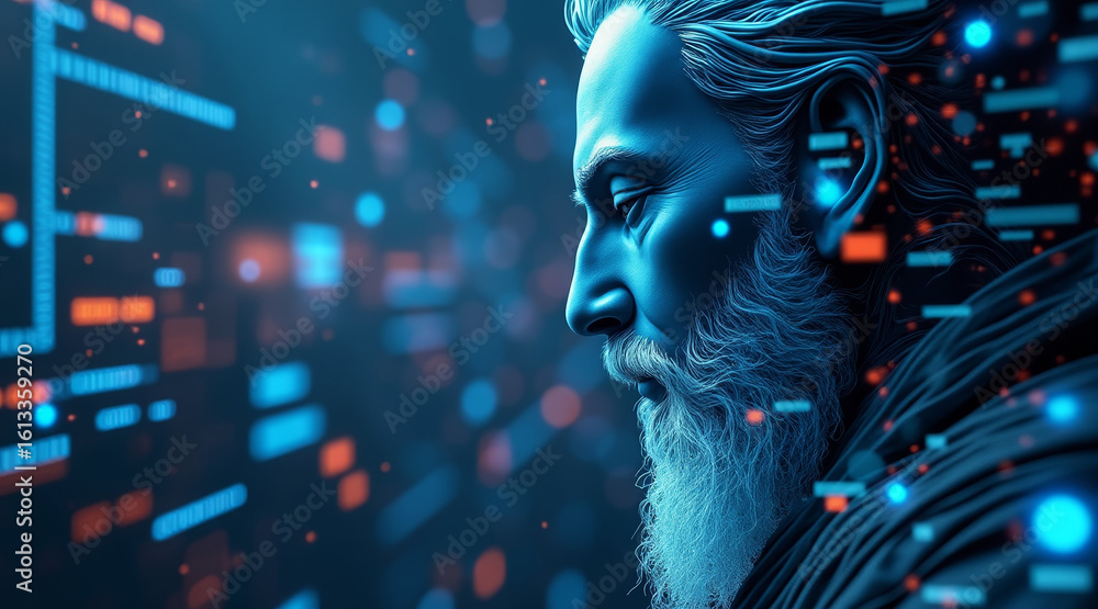 Poster wise guru appears in data storm, surrounded by vibrant digital elements, symbolizing knowledge and t