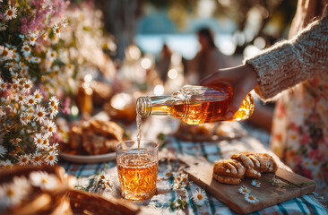 Young woman pouring tea from bottle into glass on picnic table with flowers