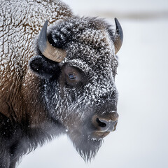 SnowDusted Bison Portrait Majestic Profile in Winters Embrace Dark Horns and Fur