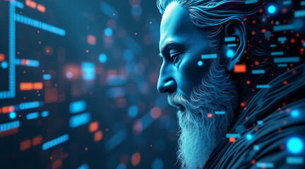 Wise guru appears in data storm, surrounded by vibrant digital elements, symbolizing knowledge and technology
