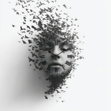 Monochromatic, surreal face sculpted with clock numerals, fading into a flock of birds