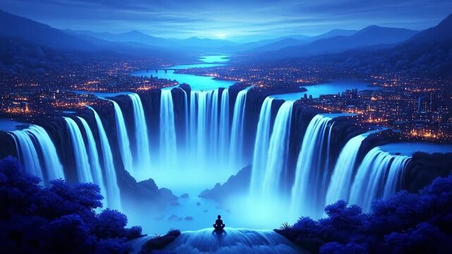 A breathtaking 4K cinematic fantasy landscape featuring massive glowing blue waterfalls cascading into a mystical valley. Ideal for dreamscape visuals, fantasy game environments, or magical film proje