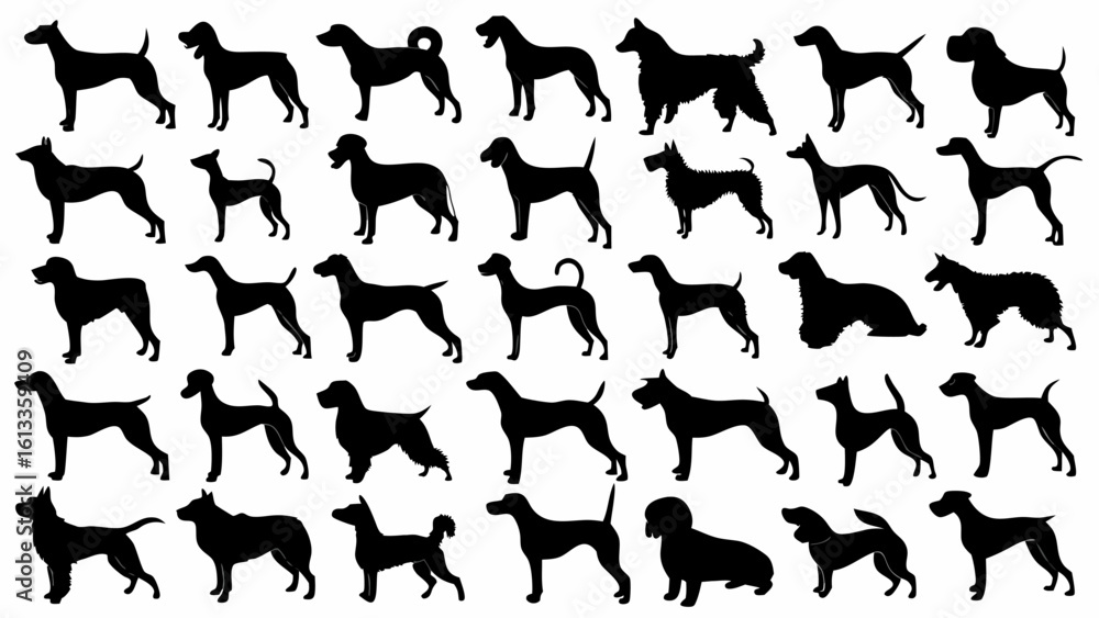Poster silhouette collection featuring various dog breeds in different poses and sizes arranged in a patter