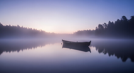 Solitary boat on a misty lake at dawn reflecting in the calm water