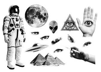 Monochrome collage of space, aliens, and the all-seeing eye, Conspiracy theory themes