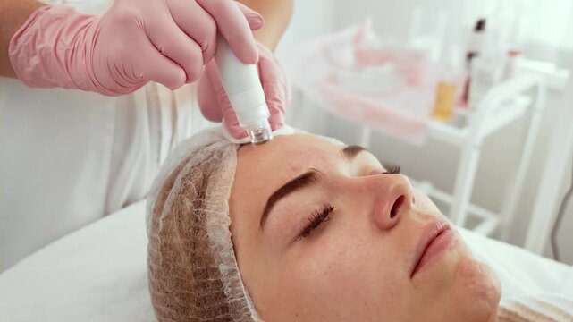 Patient woman receiving hydra facial treatment using advanced device at aesthetic center. Beautician focusing on forehead area with specialized equipment for skin hydration
