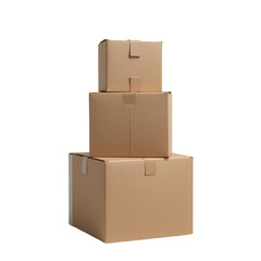 Obraz premium Stack of Three Brown Cardboard Boxes for Delivery, Cargo, and Courier Services on White Background