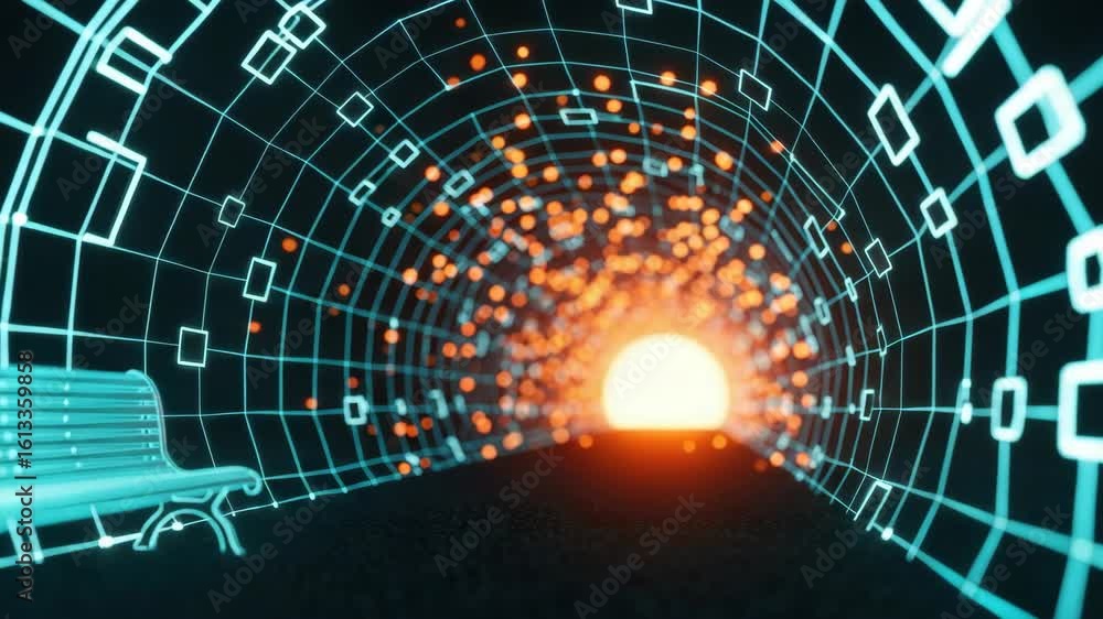 Poster a futuristic tunnel illuminated by a glowing sunset featuring a bench on the side symbolizing a jour