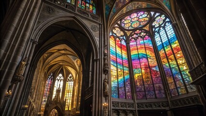 Obraz premium The ancient, light-filled Gothic interior of St Vitus Cathedral showcases a historic, religious stained glass window above its altar
