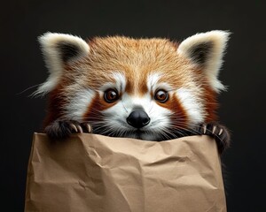Obraz premium Adorable red panda peeking from a brown paper bag, showcasing its expressive eyes and soft fur.