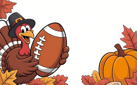 Festive Thanksgiving Cartoon Featuring a Turkey with Football and Autumn Elements - Powered by Adobe