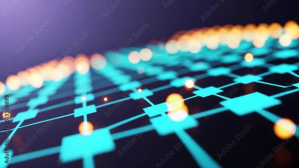 Poster a vibrant abstract digital grid with glowing turquoise squares and soft orange bokeh lights creating