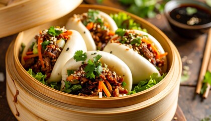 Delicious looking steamed buns with savory filling