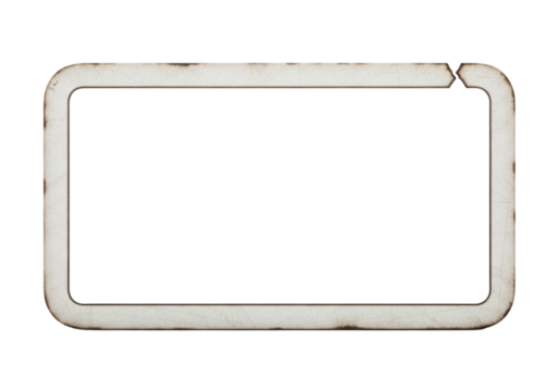 A clean white rectangle copy space framed by a light beige, textured vintage border with scuffs and a tear, isolated on a bright background. Concept of vintage charm and functional design