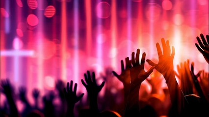 Believers raising hands in joyful praise and worship glowing a beneath cross silhouette, united in faith and celebration video 4k