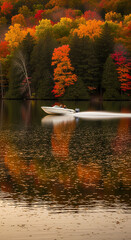 Speedboat Gliding on Autumn Lake with Colorful Forest Reflections