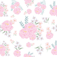 coquette seamless pink and blue flowers pattern. Delicate petals and vibrant blossoms create an artistic and vintage botanical illustration. pastel flower seamless pattern