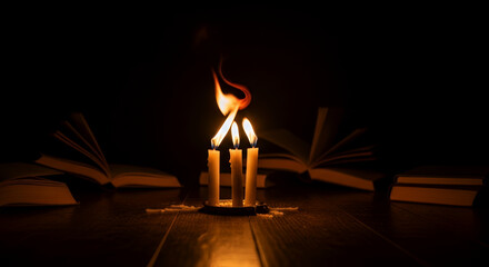 Three lit candles with melting wax and open books in a dimly lit setting