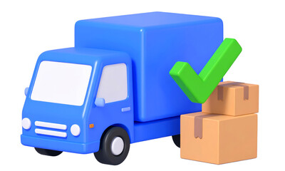 Blue delivery truck cardboard box green check mark logistics shipping transportation parcel express service fast delivery isolated on transparency background 3D illustration cheerful concept