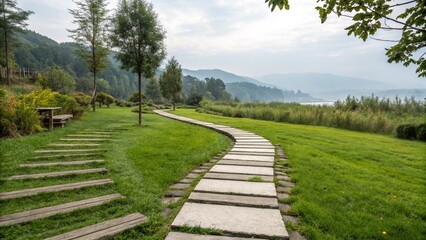 A winding footpath through a forest in the mountains, under a blue sky, inviting a summer walk through the countryside