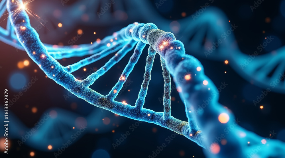 Poster vibrant dna helix illuminated with sparkling effects, showcasing intricate details and dynamic backg