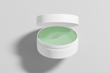 Under Eye Patches packaging mockup, white plastic cream jar for eye mask, Hydrogel eye mask in cylindrical Container, luxury anti-wrinkle product container, round skincare jar packaging container