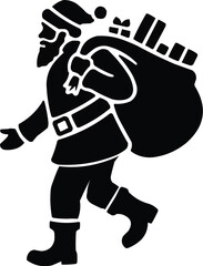 Silhouette of Santa Claus carrying a sack of gifts over his shoulder, walking in profile