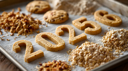 Cookie dough numbers arranged on a baking tray with various ingredients, showcasing a creative baking concept for celebrations and events. Selective focus