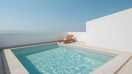 Fototapeta premium Private rooftop pool with a sun lounger, offering tranquil relaxation and stunning sea views.