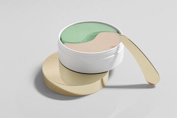 white plastic cream jar with golden lid for collagen eye patches, luxury Hydrogel eye mask in cylindrical Container, anti-wrinkle patches in round container, metallic Eye mask skincare jar packaging
