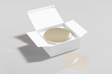 golden cream jar in open paper box mockup, luxury cylindrical cosmetic Container in box, top view of open box reveal a round skincare container, gold metallicanti-aging facial mask product packaging