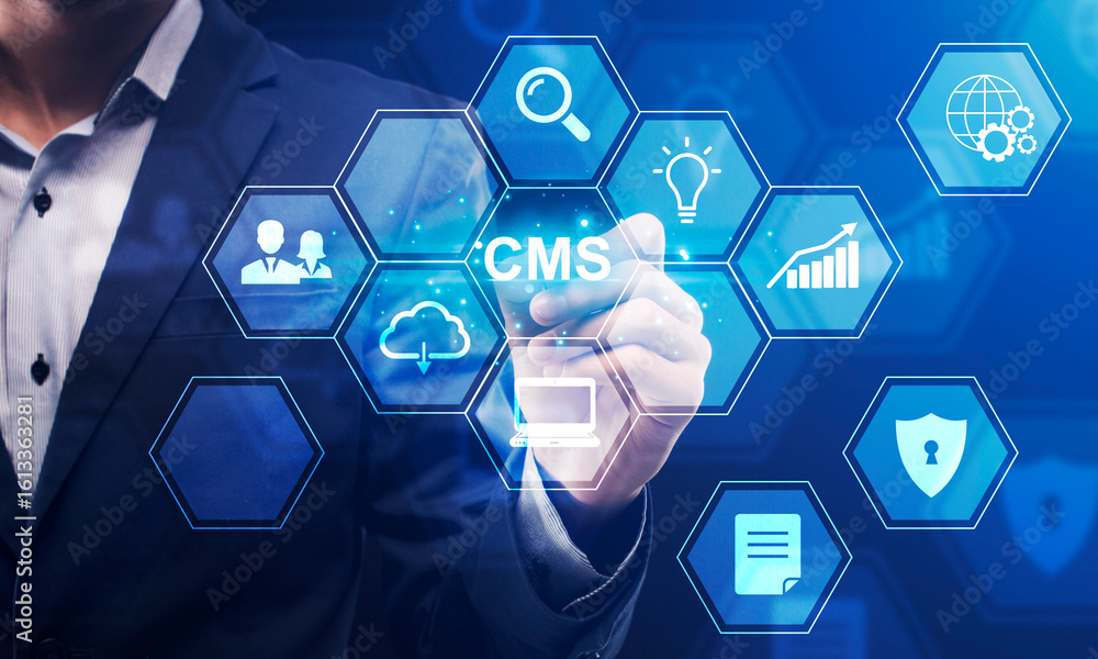 Poster content management system and search engine optimization concept. collage of smm manager, computer i
