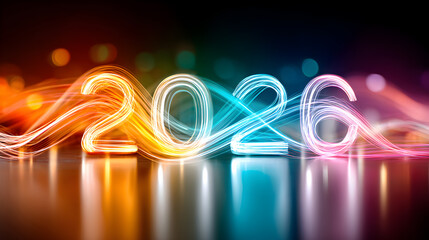 Colorful light trails form the year 2026, creating a vibrant and dynamic atmosphere with a glossy reflective surface and blurred bokeh background. Selective focus