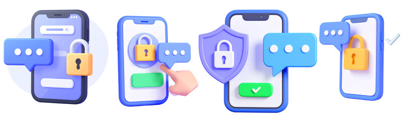 Mobile phone lock security chat privacy shield protection message authentication verification Secure mobile phone chat with lock shield and authentication icons representing privacy protection