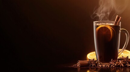 Mulled wine in a glass with cinnamon sticks and orange slices, warm steam rising, cozy atmosphere, perfect for winter gatherings, with copy space for text