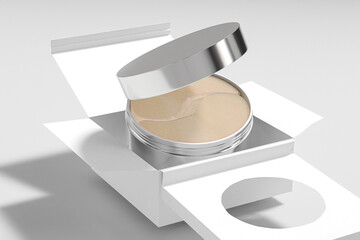 Hydrogel eye mask in cylindrical Container, metallic silver packaging for under eye Patches, luxury anti-wrinkle product in round container, glossy aluminium electroplating screw lid cream jar mockup