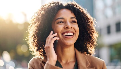Smiling woman with curly hair talking on a cellphone outdoors in the city