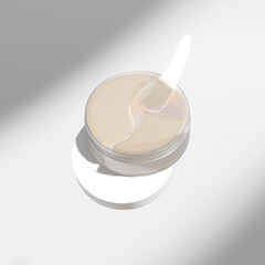 hydrating under eye patches packaging mockup, translucent plastic jar for eye mask, Hydrogel eye mask in frost glass cylindrical Container, anti-wrinkle patches in round packaging with screw lid
