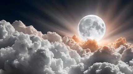 Obraz premium Full moon shining brightly through fluffy clouds, creating a mystical atmosphere with rays of light illuminating the night sky and enhancing the celestial beauty. Selective focus