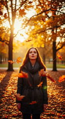 Woman gazing upwards in an autumnal park with falling maple leaves and golden sunlight