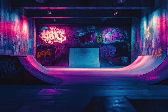 Vibrant indoor skatepark with colorful graffiti and glowing neon lights, creating a dynamic urban atmosphere.