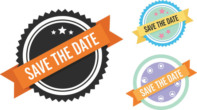 Collection of save the date badges and ribbons for invitations and events