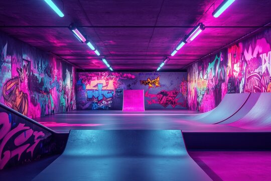 An vibrant indoor skate park featuring colorful graffiti and neon lighting, perfect for extreme sports enthusiasts.