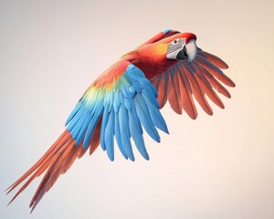 Obraz premium Vibrant macaw in flight, showcasing brilliant red, blue, and green feathers against a soft backdrop.