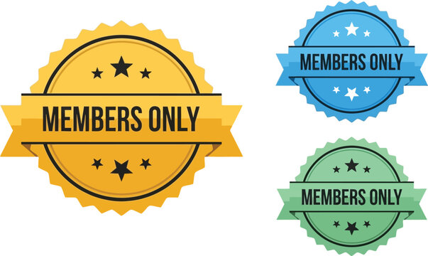 Exclusive members only badges with stars and ribbons on white background