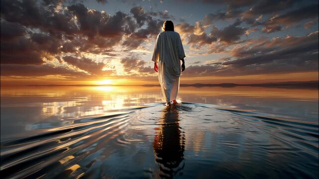 Jesus walks on water calm the during symbolizing beautiful a sunset, faith, miracles, and divine power video 4k