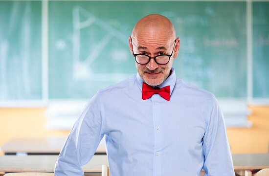 Portrait of middle aged professor standing in front of chalkboard at school
