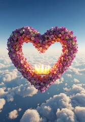 Naklejka premium A large heart shape formed from vibrant pink and purple flowers floats in a clear blue sky above soft clouds, with candles glowing warmly within